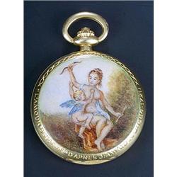 Corum, an enamelled 18ct gold hunter fob watch, circa 1950, ref 121449, the ivory dial with black...
