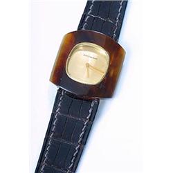 Boucheron, an 18ct gold and tortoiseshell oblong designer wristwatch, circa 1970, the brushed gol...