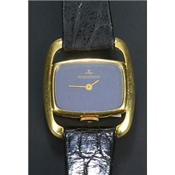 Jaeger-le-Coultre, a lady's 18ct gold oblong wristwatch, circa 1960, ref 6147.21, the blue dial w...