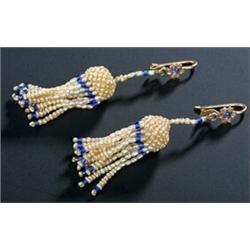 A pair of 19th century seed pearl and blue glass bead tassel earrings with later gold and cabocho...