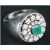 Image 1 : An emerald and diamond cluster ring, centred with a cushion-shaped mixed-cut emerald within two b...