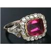 Image 1 : A synthetic ruby and rose diamond oblong cluster ring, centred with a synthetic-ruby tablet withi...
