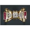 Image 1 : A 1940s ruby and diamond ring in the form of a stylised bow set with round brilliant diamonds and...