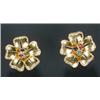 Image 1 : A pair of Continental gem set flower-head earrings, each with a central cabochon ruby, sapphire a...