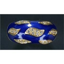 An 18ct gold, blue enamel and diamond bombe ring, the Royal blue enamelled head decorated with ro...