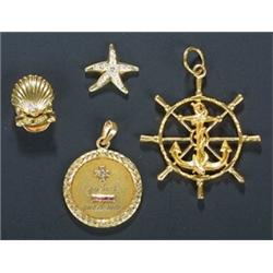 Four small jewels, comprising, a Cartier Paris gold and diamond scallop-shaped stud '25 ANS', an...