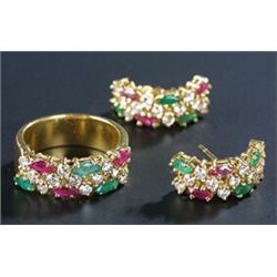 A multi-gem ring and a pair of matching earrings, each in the form of arch with a central scrolli...