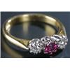 Image 1 : A modern 18ct gold, ruby and diamond three stone ring, centred with a cushion-shaped mixed-cut ru...