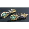 Image 1 : A pair of emerald and diamond pendent earrings, each with leaf and ribbon surmount suspending an...