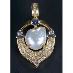A baroque cultured pearl, sapphire and diamond pendant, centred with a large baroque cultured pea...