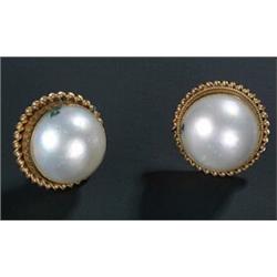 A pair of mabe pearl earrings, the round beads approx. 13.5mm diameter, in plain mounts with rope...