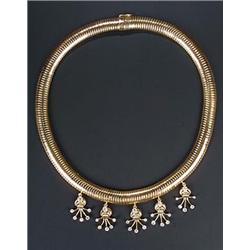 A Continental diamond fringe necklace, the gas-pipe hoop with five round brilliant and eight-cut...