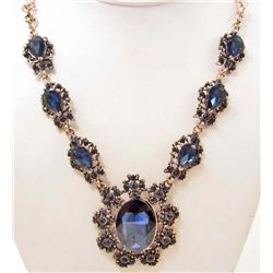 BLUE RHINESTONE BAROQUE FLOWER ESTATE JEWELRY NECKLACE
