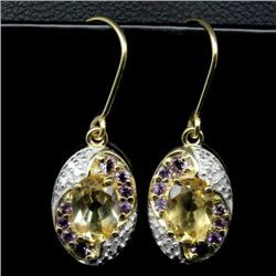 PAIR OF 14KT GOLD O/ STERLING CITRINE & AMETHYST EARRINGS