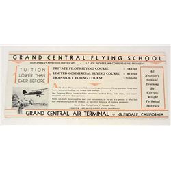 RARE 1930'S GLENDALE FLYING SCHOOL ADVERTISING BLOTTER