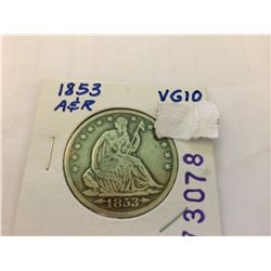1853 SEATED LIBERTY HALF DOLLAR VG-10