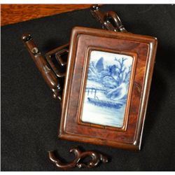 Chinese Blue and White Porcelain Tile in Frame 5 .5" x