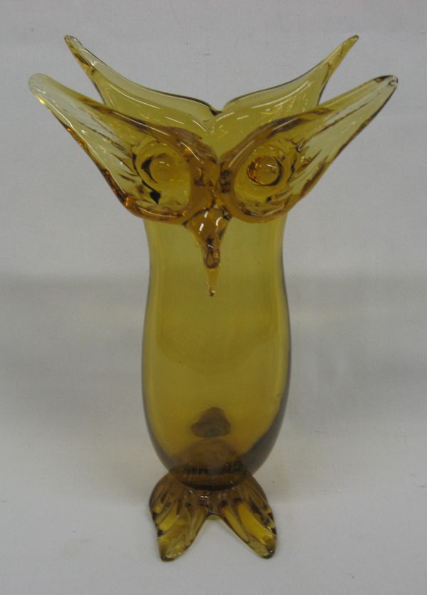 Mid Century Empoli Han Blown Glass Owl Vase, Italy