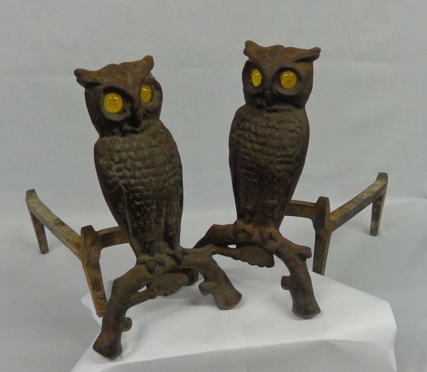 1890 Victorian Cast Iron Owl Fireplace Andirons