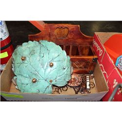 BOX OF MISC. COLLECTABLE COPPER W/WOOD LETTER BOX