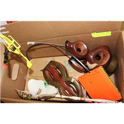 BOX WITH MISC. CANDLE HOLDERS, ETC.