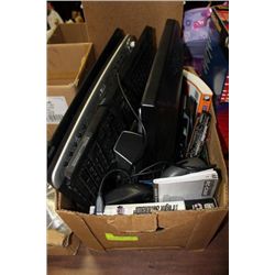 BOX OF COMPUTER ACCESSORIES  AND MONITOR