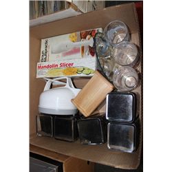 BOX W/ BROWN MIXER, SLICER, CANISTER, ETC.
