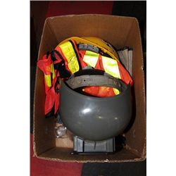 BOX W/ WELDING MASK, HARD HAT, VEST, WORK SUPPLIES