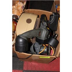 BOX OF POWER TOOLS & FAN