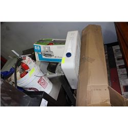 PALLET W BOX FAN/FIRE EXTINGUISHERS/PRINTERS ETC
