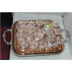 ESTATE COPPER TRAY W PINWHEEL CRYSTAL GLASSES