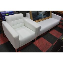 SHOWHOME WHITE LEATHERETTE SOFA AND CHAIR