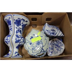 TRAY OF BLUE & WHITE PORCELAIN WALL VASES, ETC.
