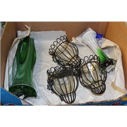 TRAY OF ART GLASS AND CANDLE HOLDERS