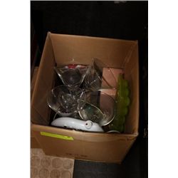 BOX OF KITCHEN GLASSWARE ETC