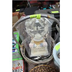 BASKET WITH CAKE TOP ORNAMENT AND GLASSWARE
