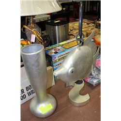 SILVER TONE VASE W FISH ORNAMENT