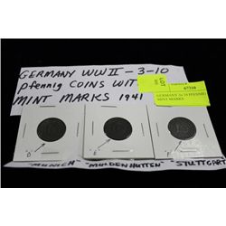 GERMANY 3x 10 PFENNIG COINS, 3 MINT MARKS