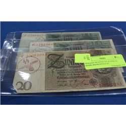 GERMAN WAFFEN SS 10 AND 20 MARK BANKNOTES X3