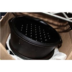 BOX OF CAST IRON COOKING POTS ETC