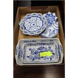 TRAY OF BLUE AND WHITE CERAMIC DISHES ON CHOICE