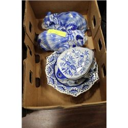 TRAY OF BLUE AND WHITE CERAMIC DISHES ON CHOICE