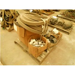 PALLET MISC FORMS, PVC FITTINGS, CASTERS, BANDSAW BLADE, STAND