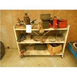 METAL SHELF, MISC TOOLS, BOTTLE JACKS, CENTER PUNCHES, CAULK GUNS, VALVE WRENCH