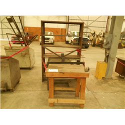 (1) LOT OF WOODEN TABLE, STEEL CART, STEEL SHELF
