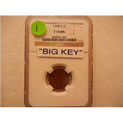 1908 S Indian Head Cent Key Date Graded By NGCF 15 BN