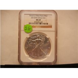 2013 W American Silver Eagle Graded By NGC MS69, .999 Fine Silver 1 Troy Oz.