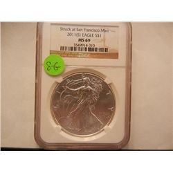 2011 S American Silver Eagle Graded By NGC MS69, .999 Fine Silver 1 Troy Oz.