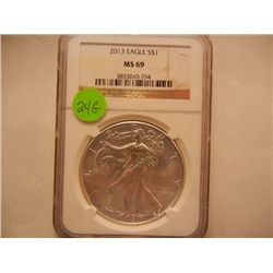 2013 American Silver Eagle Graded By NGC MS69, .999 Fine Silver 1 Troy Oz.