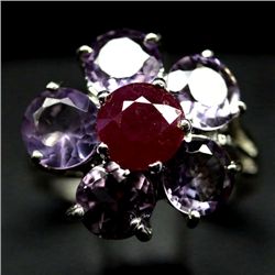 STERLING SILVER RUBY AND AMETHYST RING - SIZE 6